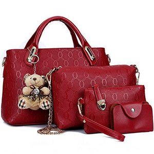 4-Piece Satchel Hobo Set – Tote, Purse, Shoulder Bag & Card Holder (Red)